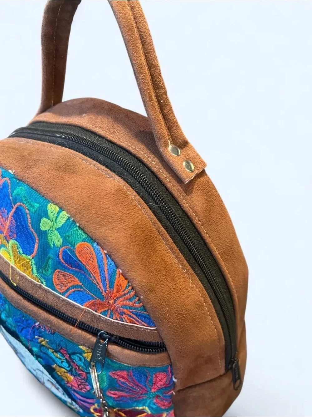 Source Unknown Blue Multicolor Embroidered Mini Backpack with Brown Trim
